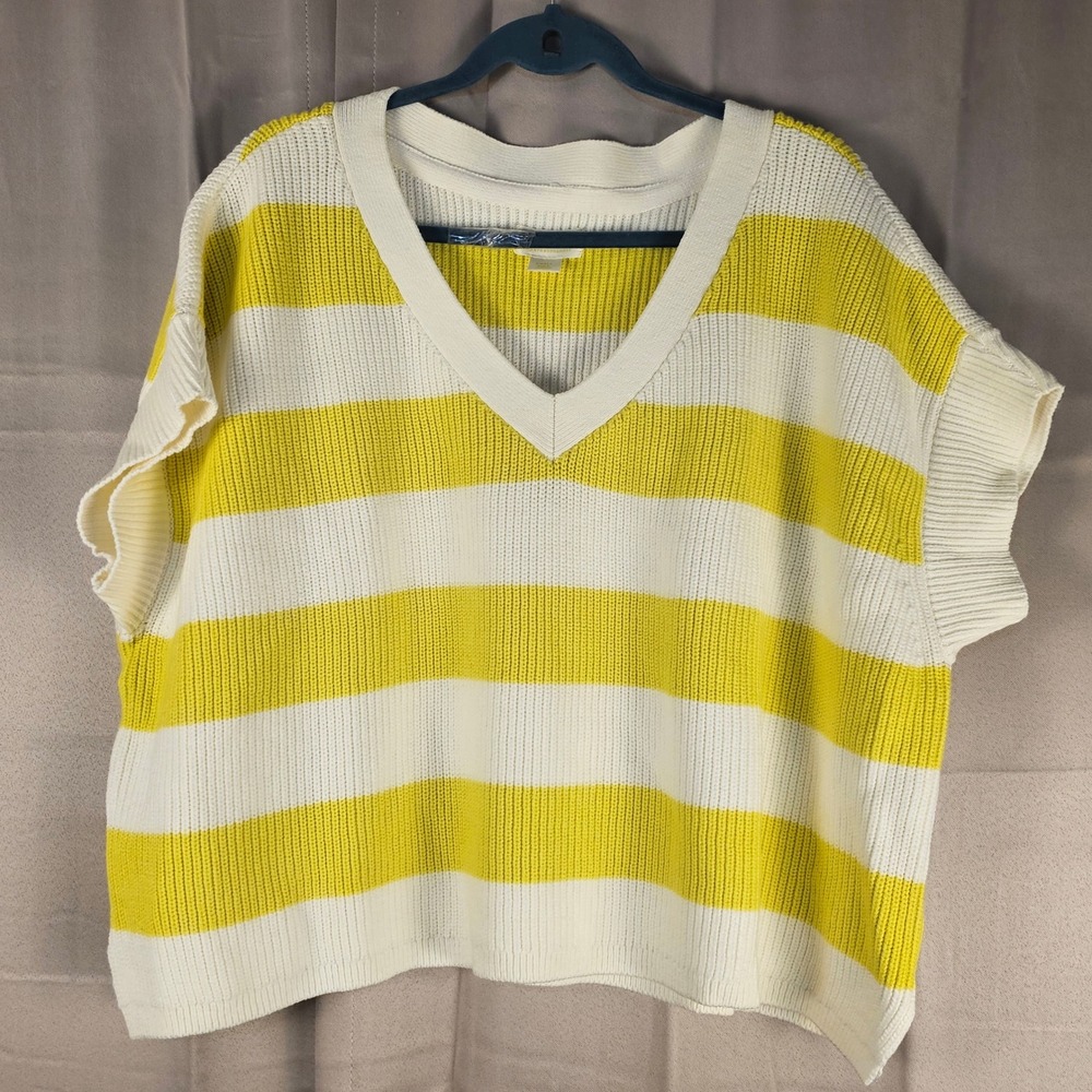 Maeve Anthropologie Yellow White Striped Oversized V Neck Short Sleeve Sweater S